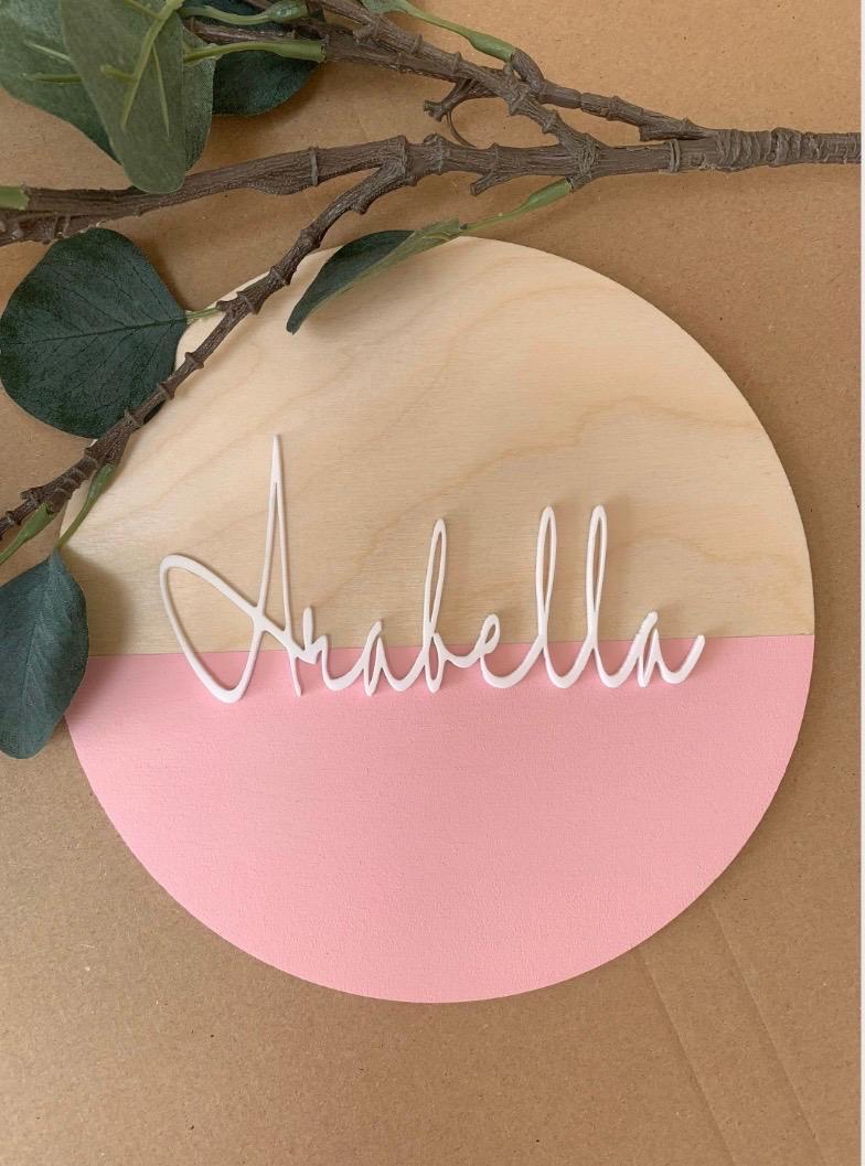 Personalised Nursery Name Plaque, Wooden Baby Name Sign, Nursery Wall Decor, Round Name Plaque, New Baby Gift, Kids Bedroom Decor