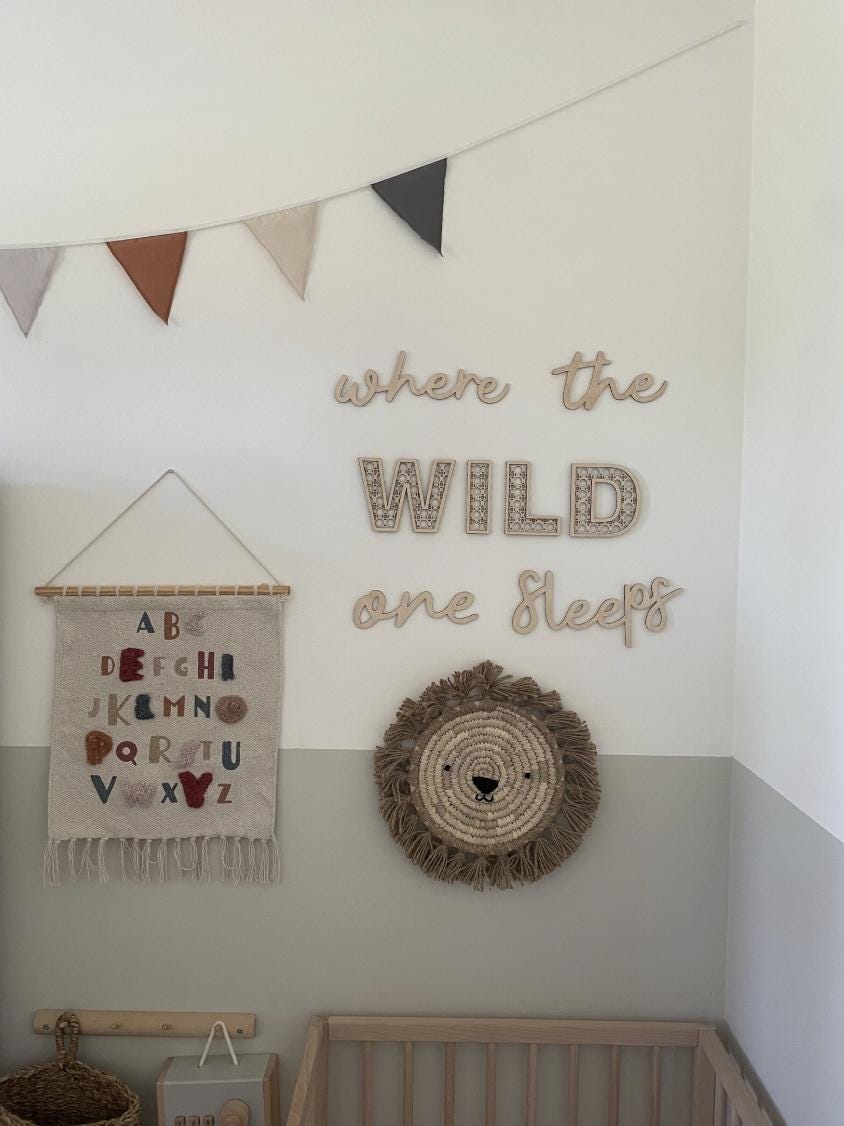 Where The Wild One Sleeps Wall Words, Rattan Effect Nursery Decor, Woodland Nursery Decor, Wooden Wall Quote, Kids Bedroom Decor