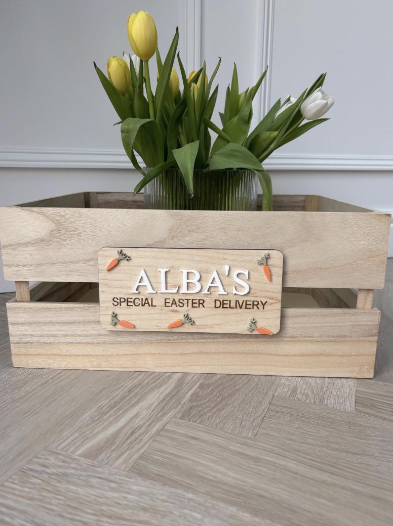 Personalised Easter Crate Plaque, Wooden Easter Basket Sign, Easter Crate Name Tag, Easter Eve Box Decoration, Bunny Basket Sign