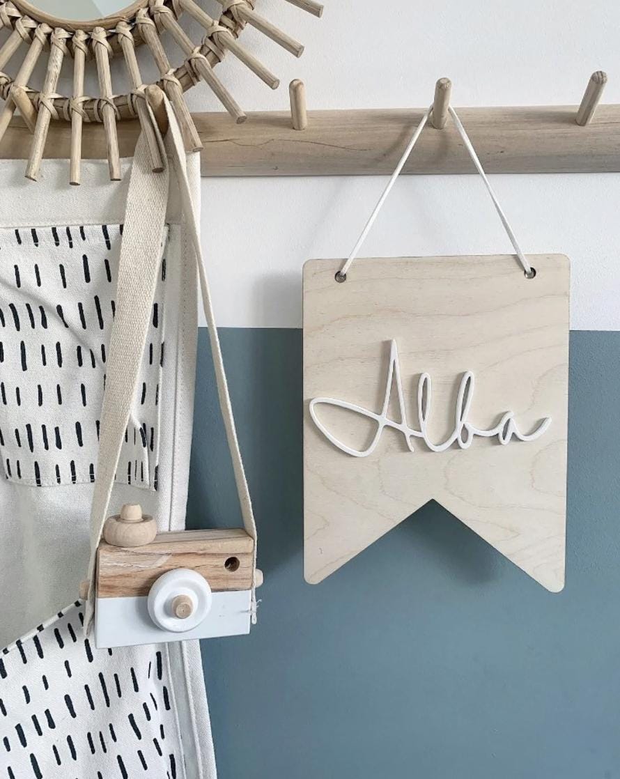 Personalised Nursery Flag, Wooden Name Flag, Nursery Name Sign, Wooden Wall Hanging, Kids Bedroom Decor, Baby Name Plaque