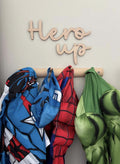 Hero Up Wall Decor, Wooden Wall Words, Kids Bedroom Decor, Hallway Wall Sign, Wooden Wall Art, Coat Hook Sign, Family Wall Decor