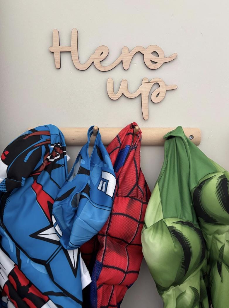 Hero Up Wall Decor, Wooden Wall Words, Kids Bedroom Decor, Hallway Wall Sign, Wooden Wall Art, Coat Hook Sign, Family Wall Decor