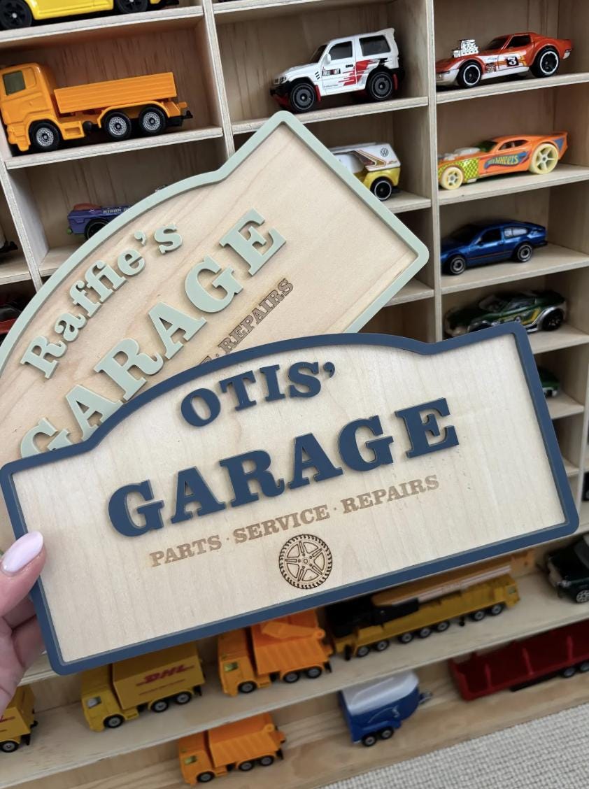 Personalised Toy Car Garage Sign Wood Acrylic Name Plaque, Custom Playroom Wall Decor, Toddler Boy Bedroom Decoration, Car Lover Kid Gift