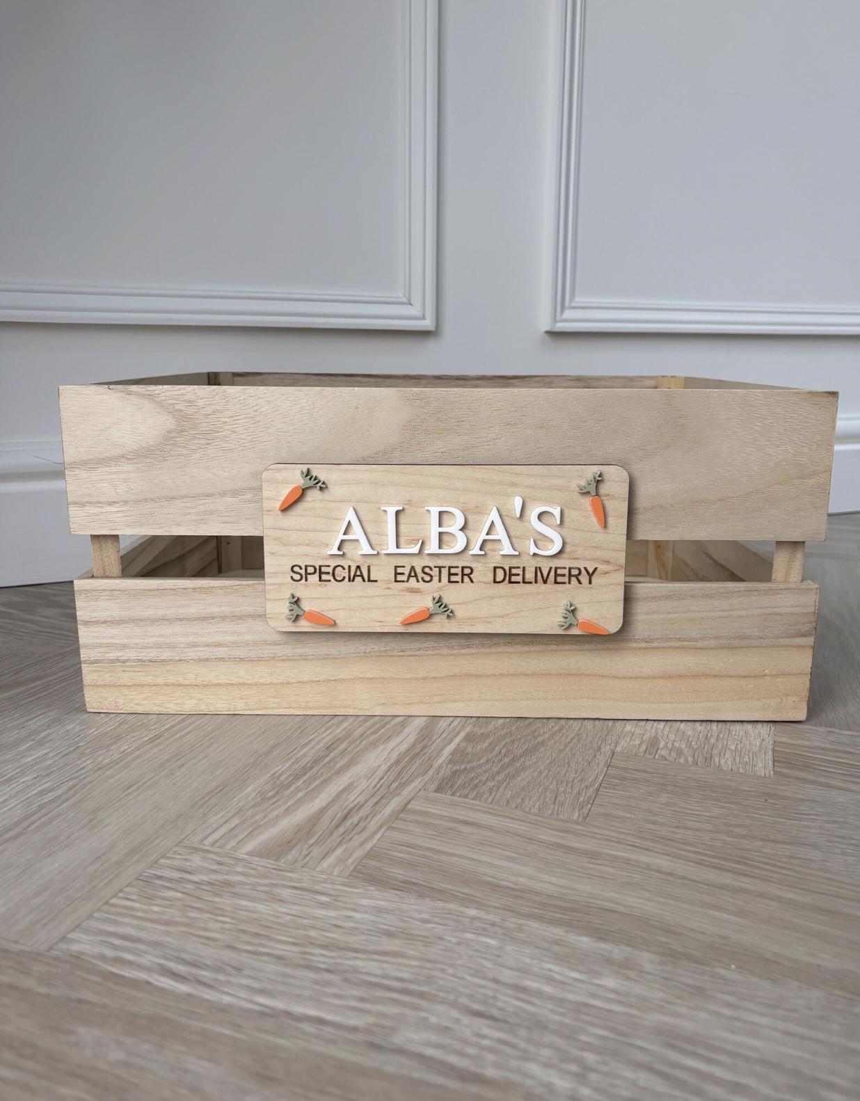 Personalised Easter Crate Plaque, Wooden Easter Basket Sign, Easter Crate Name Tag, Easter Eve Box Decoration, Bunny Basket Sign