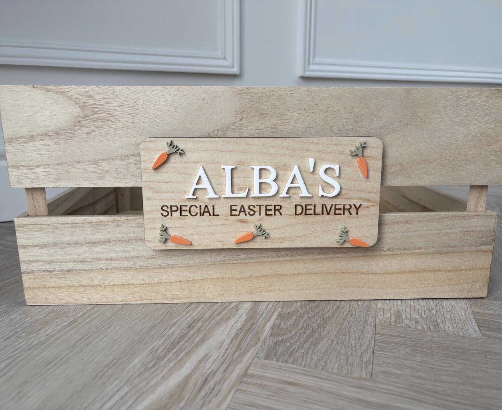 Personalised Easter Crate Plaque, Wooden Easter Basket Sign, Easter Crate Name Tag, Easter Eve Box Decoration, Bunny Basket Sign